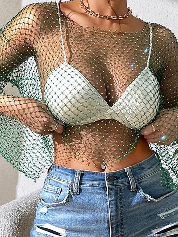 RAMOUG Women's Rhinestone Mesh Crop Top Fishnet Shirt Bikini Cover Up in Saudi Arabia