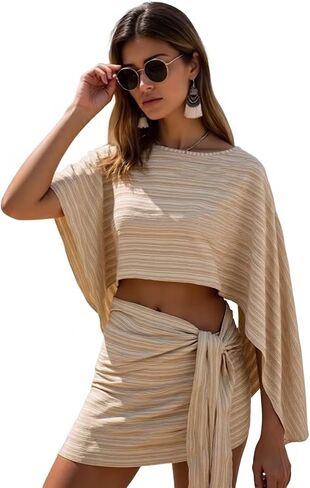 Womens Summer Dresses Beach Cover Ups Off Shoulder Split Long Sleeve Crop Top Tie Waist Skirt Sets Two Piece Vacation Dress in Kuwait