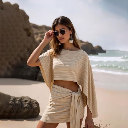 Womens Summer Dresses Beach Cover Ups Off Shoulder Split Long Sleeve Crop Top Tie Waist Skirt Sets Two Piece Vacation Dress in Kuwait