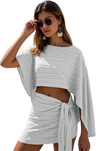 Womens Summer Dresses Beach Cover Ups Off Shoulder Split Long Sleeve Crop Top Tie Waist Skirt Sets Two Piece Vacation Dress in Kuwait