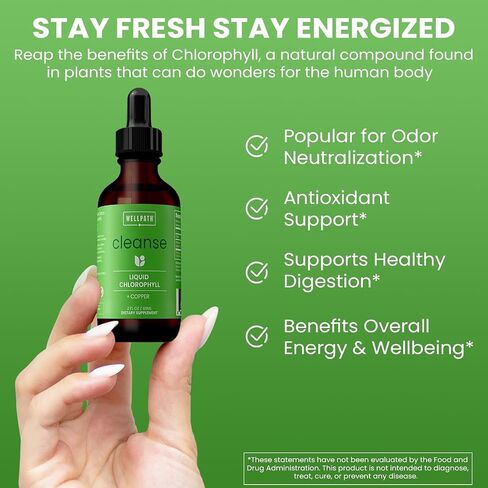 WellPath Chlorophyll Liquid Drops with Copper - High Potency Vegan Liquid Chlorophyll for Body Odor, Liver Detox, Digestion Support & Immune Support - Internal Deodorant, Made in USA, Non-GMO, 2 Fl Oz in Saudi Arabia