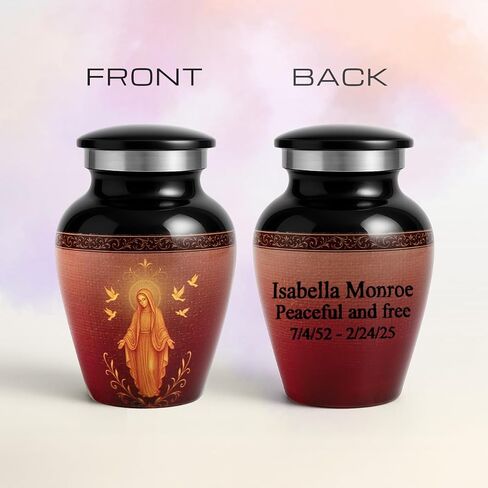 Catholic Mini Keepsake Urn – Small Cremation Urn for Human Ashes with Virgin Mary Design – Handmade in USA – Religious Memorial Gift – Velvet Bag, Box & Funnel Included in Kuwait