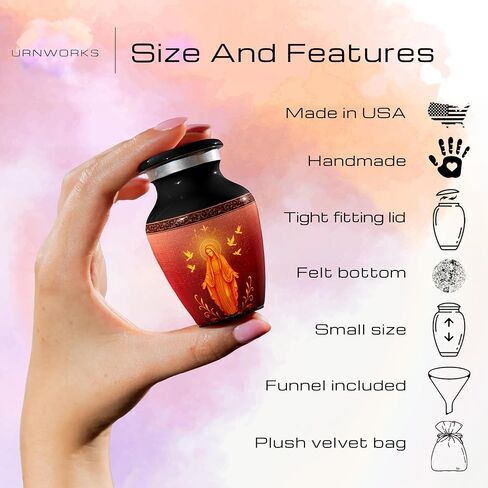 Catholic Mini Keepsake Urn – Small Cremation Urn for Human Ashes with Virgin Mary Design – Handmade in USA – Religious Memorial Gift – Velvet Bag, Box & Funnel Included in Kuwait