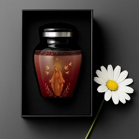 Catholic Mini Keepsake Urn – Small Cremation Urn for Human Ashes with Virgin Mary Design – Handmade in USA – Religious Memorial Gift – Velvet Bag, Box & Funnel Included in Kuwait
