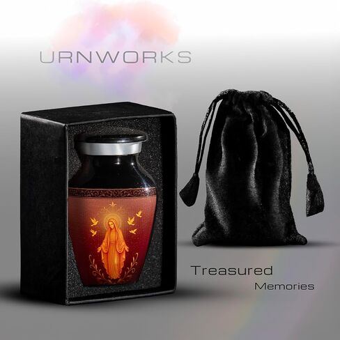 Catholic Mini Keepsake Urn – Small Cremation Urn for Human Ashes with Virgin Mary Design – Handmade in USA – Religious Memorial Gift – Velvet Bag, Box & Funnel Included in Kuwait