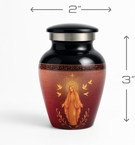 Catholic Mini Keepsake Urn – Small Cremation Urn for Human Ashes with Virgin Mary Design – Handmade in USA – Religious Memorial Gift – Velvet Bag, Box & Funnel Included in Kuwait