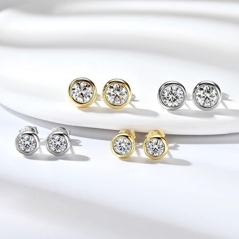 925 Sterling Silver Round Moissanite Stud Earrings for Women & Men, D Color VVS1, Hypoallergenic Bezel Set, 14K Gold Plated, Imitation Diamond Gifts in Kuwait