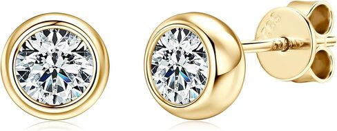 925 Sterling Silver Round Moissanite Stud Earrings for Women & Men, D Color VVS1, Hypoallergenic Bezel Set, 14K Gold Plated, Imitation Diamond Gifts in Kuwait