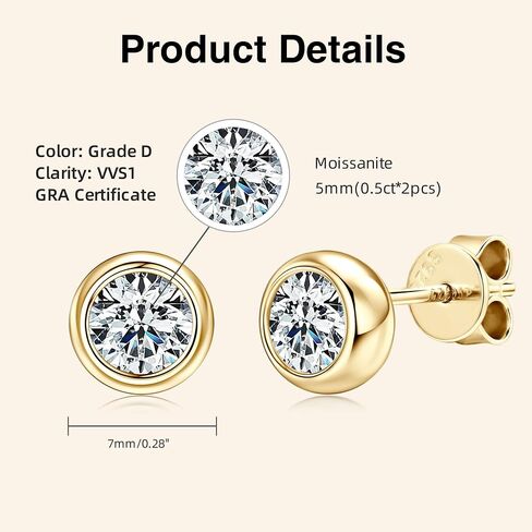 925 Sterling Silver Round Moissanite Stud Earrings for Women & Men, D Color VVS1, Hypoallergenic Bezel Set, 14K Gold Plated, Imitation Diamond Gifts in Kuwait