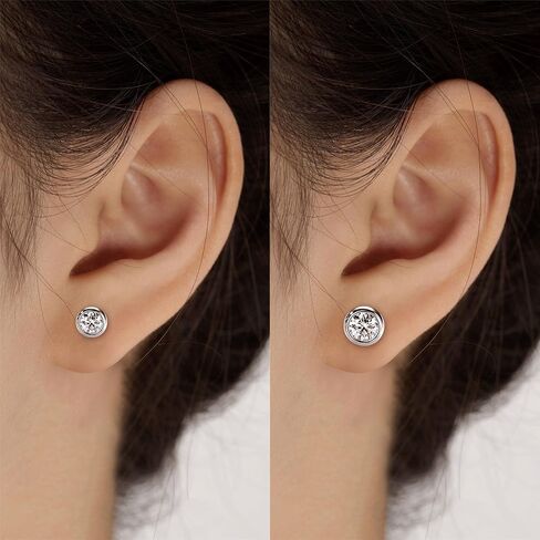 925 Sterling Silver Round Moissanite Stud Earrings for Women & Men, D Color VVS1, Hypoallergenic Bezel Set, 14K Gold Plated, Imitation Diamond Gifts in Kuwait