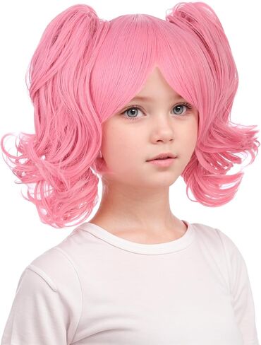 Kids Blonde Wig Child Blond Curly Wavy Wig with Bangs Girls Blonde Wig with 2 Clip on Ponytails Wig Cosplay Wig Synthetic Wigs with Wig Cap in Kuwait