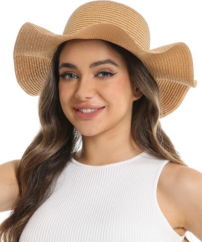 Women's Packable Wavy Brim Straw Hat – Foldable Summer Beach Sun Hat for Travel, Outdoor, Vacation in Kuwait