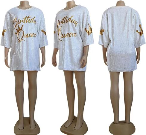 Women's Sequin T Shirt Dress Birthday Queen with Heart Glitter Sparkly Letter Print Party Club Outfits Mini Dress in Kuwait