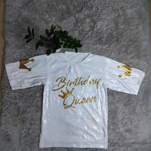 Women's Sequin T Shirt Dress Birthday Queen with Heart Glitter Sparkly Letter Print Party Club Outfits Mini Dress in Kuwait
