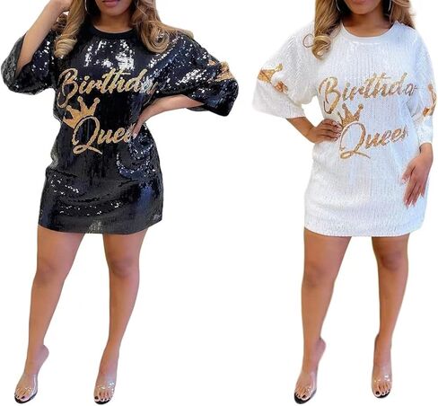 Women's Sequin T Shirt Dress Birthday Queen with Heart Glitter Sparkly Letter Print Party Club Outfits Mini Dress in Kuwait