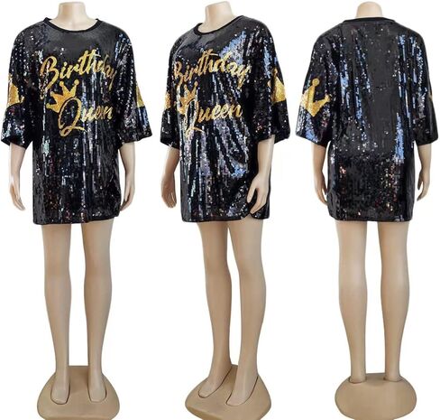 Women's Sequin T Shirt Dress Birthday Queen with Heart Glitter Sparkly Letter Print Party Club Outfits Mini Dress in Kuwait