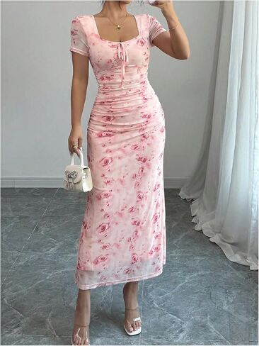 Verdusa Women's Boho Floral Long Bodycon Dresses Bow Tie Boy Square Diqu in Saudi Arabia
