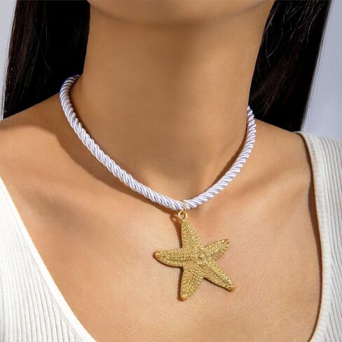 POYAMUSE Elegant Beach-Inspired Starfish Necklace for Women, Chunky Rope Choker Necklace with Gold Starfish Pendant, Seaside Necklace Jewelry for Summer Vacations and Coastal Getaways in Saudi Arabia