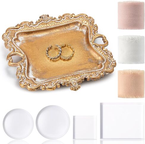 8 Pcs Flat Lay Props Set Include 1 Jewelry Tray Vintage Decor 4 Acrylic Blocks Clear Stamp Display Block 3 Wedding Chiffon Silk Ribbon for Bridal Party Decoration Gift in Saudi Arabia