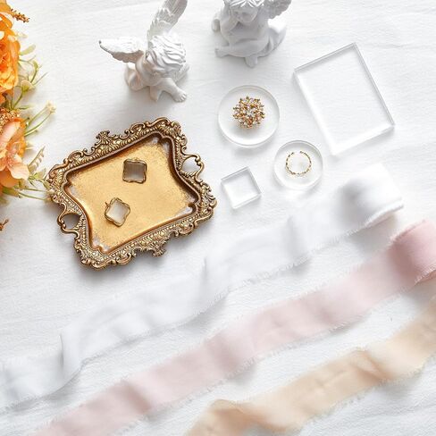 8 Pcs Flat Lay Props Set Include 1 Jewelry Tray Vintage Decor 4 Acrylic Blocks Clear Stamp Display Block 3 Wedding Chiffon Silk Ribbon for Bridal Party Decoration Gift in Saudi Arabia