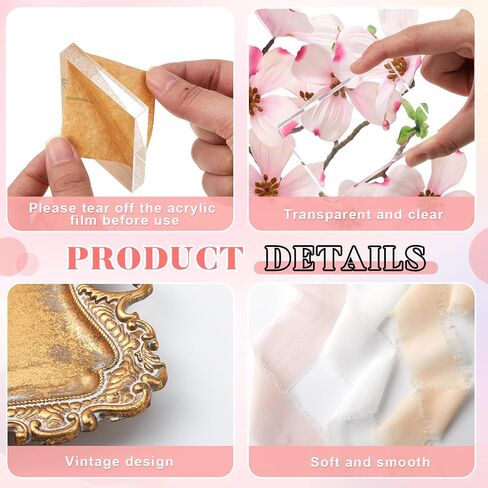 8 Pcs Flat Lay Props Set Include 1 Jewelry Tray Vintage Decor 4 Acrylic Blocks Clear Stamp Display Block 3 Wedding Chiffon Silk Ribbon for Bridal Party Decoration Gift in Saudi Arabia