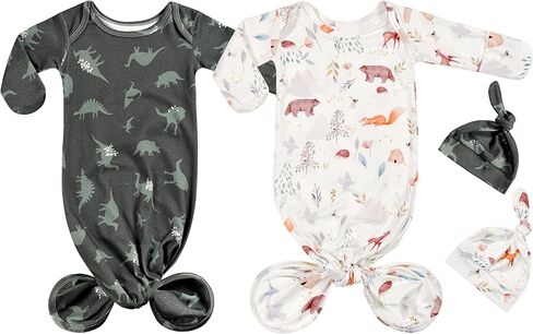 Newborn Baby Long Sleeve Sleeper Gown with Mittens Knotted Gown Coming Home Outfit Nightgown Hat Set 2 Pieces in Kuwait