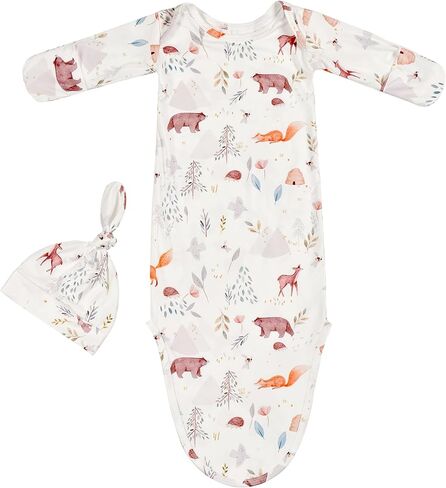 Newborn Baby Long Sleeve Sleeper Gown with Mittens Knotted Gown Coming Home Outfit Nightgown Hat Set 2 Pieces in Kuwait