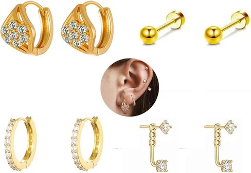 4Pairs 14K Gold Diamond Hoop Earrings for Multiple Piercing Hypoallergenic Earrings Set Ear Jacket Flat Back Stud Earring Stacks in Kuwait