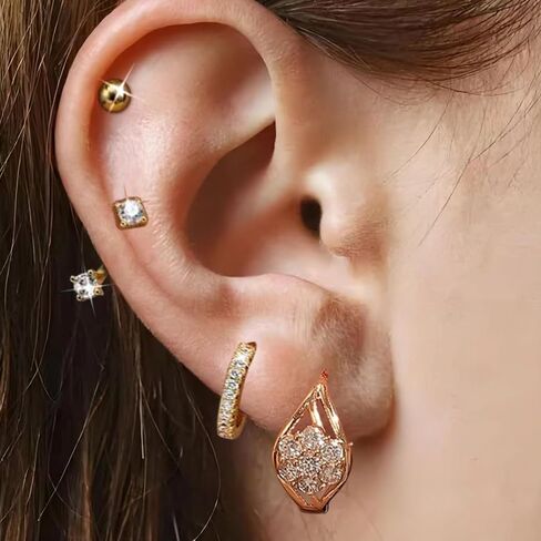 4Pairs 14K Gold Diamond Hoop Earrings for Multiple Piercing Hypoallergenic Earrings Set Ear Jacket Flat Back Stud Earring Stacks in Kuwait