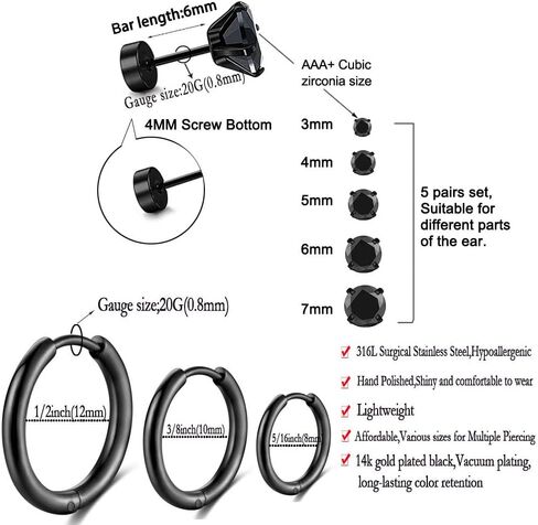 Surgical Stainless Steel Stud Earrings Hoop Earrings for Women Men 14K Gold Plated Hypoallergenic Cartilage Earrings Flat Back CZ Earrings Set Dainty Multiple Piercing Pack of 8 Pairs in Saudi Arabia