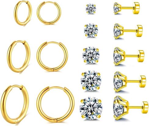 Surgical Stainless Steel Stud Earrings Hoop Earrings for Women Men 14K Gold Plated Hypoallergenic Cartilage Earrings Flat Back CZ Earrings Set Dainty Multiple Piercing Pack of 8 Pairs in Saudi Arabia