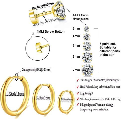 Surgical Stainless Steel Stud Earrings Hoop Earrings for Women Men 14K Gold Plated Hypoallergenic Cartilage Earrings Flat Back CZ Earrings Set Dainty Multiple Piercing Pack of 8 Pairs in Saudi Arabia