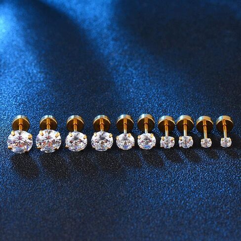 Surgical Stainless Steel Stud Earrings Hoop Earrings for Women Men 14K Gold Plated Hypoallergenic Cartilage Earrings Flat Back CZ Earrings Set Dainty Multiple Piercing Pack of 8 Pairs in Saudi Arabia