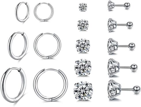 Surgical Stainless Steel Stud Earrings Hoop Earrings for Women Men 14K Gold Plated Hypoallergenic Cartilage Earrings Flat Back CZ Earrings Set Dainty Multiple Piercing Pack of 8 Pairs in Saudi Arabia