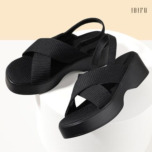 IDIFU IN3 Platform Wedges Sandals for Women Low Chunky Slingback Summer Beach Knit Comfortable Wedge Heels Square Open Toe Trendy Cute Small Dressy Casual Slip On Womens Sandals in Saudi Arabia