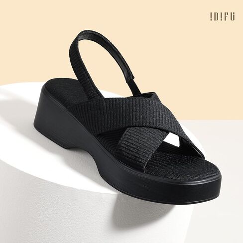 IDIFU IN3 Platform Wedges Sandals for Women Low Chunky Slingback Summer Beach Knit Comfortable Wedge Heels Square Open Toe Trendy Cute Small Dressy Casual Slip On Womens Sandals in Saudi Arabia