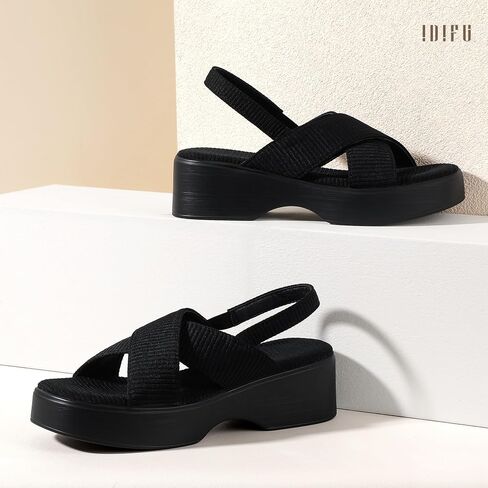 IDIFU IN3 Platform Wedges Sandals for Women Low Chunky Slingback Summer Beach Knit Comfortable Wedge Heels Square Open Toe Trendy Cute Small Dressy Casual Slip On Womens Sandals in Saudi Arabia