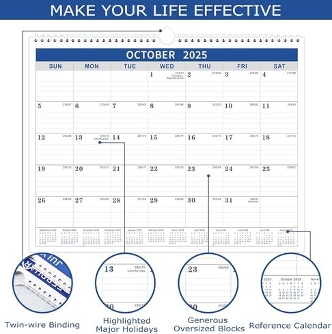 تقويم 2025 - تقويم حائط 2025 من يناير 2025 - ديسمبر 2025، تقويم الحائط 2025 14.8 بوصة × 11.5 بوصة، تقويم حائط 2025 مع تاريخ جوليان، ورق سميك، كتلة كبيرة in Kuwait