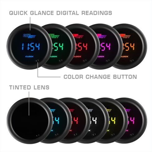 GlowShift 10 Color Digital Clock Gauge Kit - عرض LED متعدد الألوان - عدسة ملونة - 2-1/16 "(52 مم) in Kuwait