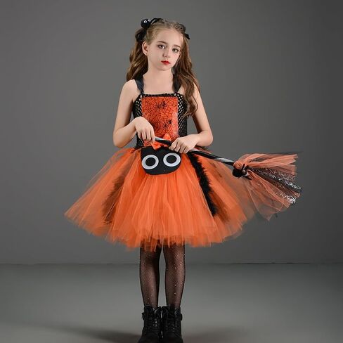 Kids Girls Halloween Cosplay Tutu Dress Spider Dress for Girls Princess Birthday Party Dress up Hair Clips Broom Set in Saudi Arabia