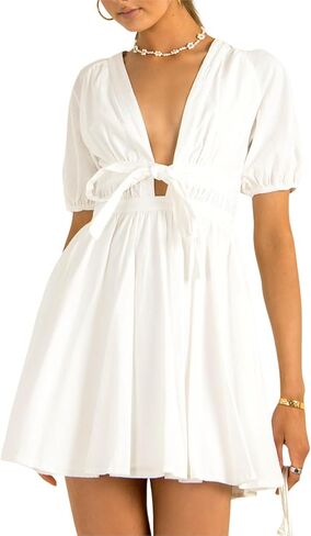 Women's Cute Summer Short Puff Sleeve Tie Cotton Mini Dress in Saudi Arabia
