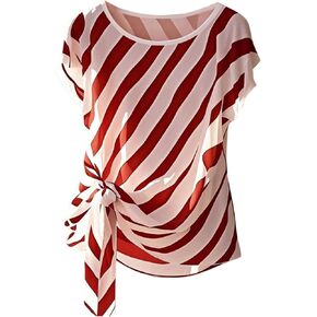 Floerns Women's Chiffon Blouses Tops Striped Mesh Bowknot Round Neck Shirts Short Dolman Sleeve Tie Side Work Blouse in Kuwait