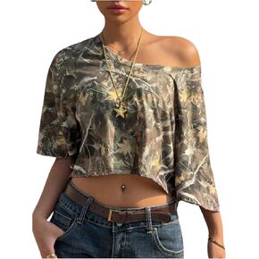 Wdirara Women's Y2K Camo print of the الكتف المحصول Tee Top Short Sleve Lourd Fit Terts t in Kuwait