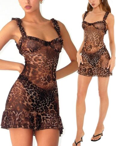Leopard Ruffle Sheer Mesh Mini Dresses for Women Babydoll Lingerie Club Rave Concert Outfit See Through Party Dress in Saudi Arabia