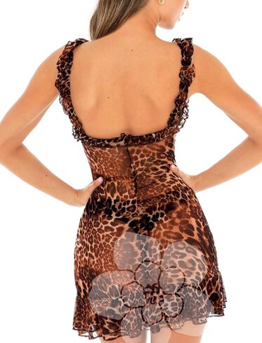 Leopard Ruffle Sheer Mesh Mini Dresses for Women Babydoll Lingerie Club Rave Concert Outfit See Through Party Dress in Saudi Arabia