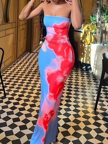 Soly Hux Tie Tie Tie Dye Maxi Tube Dress Dress Fricklessless Slimless Splists Back Bodycon Dresses in Kuwait