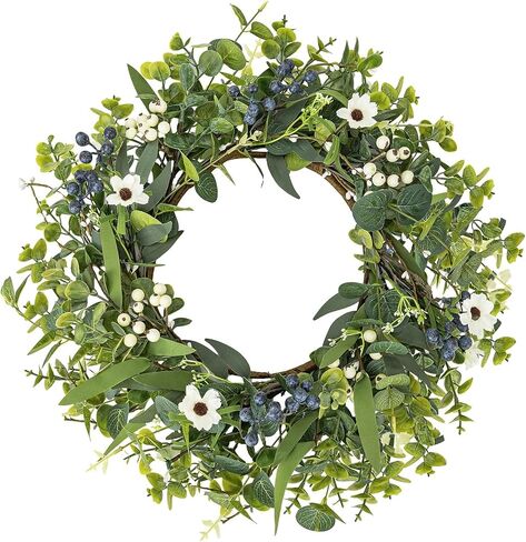 20 Inch Spring Summer Easter Wreaths for Front Door Eucalyptus Wreath with Blue Berries Elegant Durable Greenery Front Door Wreath for Outside Wedding Farmhouse Porch Wall Room Home Decor in Saudi Arabia