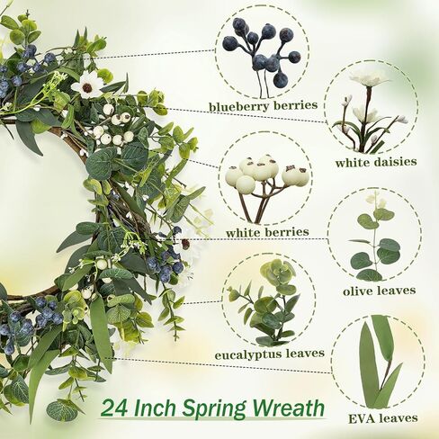 20 Inch Spring Summer Easter Wreaths for Front Door Eucalyptus Wreath with Blue Berries Elegant Durable Greenery Front Door Wreath for Outside Wedding Farmhouse Porch Wall Room Home Decor in Saudi Arabia