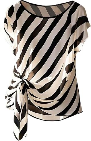 Floerns Women's Chiffon Blouses Tops Striped Mesh Bowknot Round Neck Shirts Short Dolman Sleeve Tie Side Work Blouse in Saudi Arabia