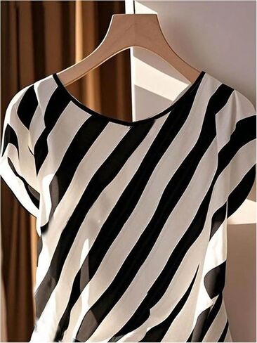 Floerns Women's Chiffon Blouses Tops Striped Mesh Bowknot Round Neck Shirts Short Dolman Sleeve Tie Side Work Blouse in Saudi Arabia